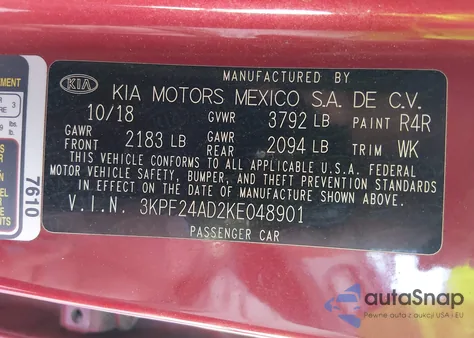 2019 Kia Forte Lxs z USA, uszkodzony, nr VIN 3KPF24AD2KE048901